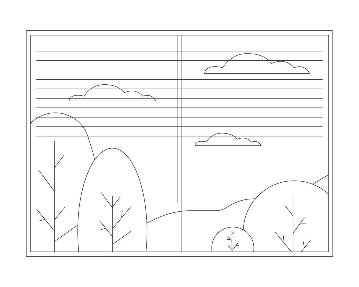 Autumn window flat monochrome isolated vector object. September trees. October scenery view. Editable black and white line art drawing. Simple outline spot illustration for web graphic design