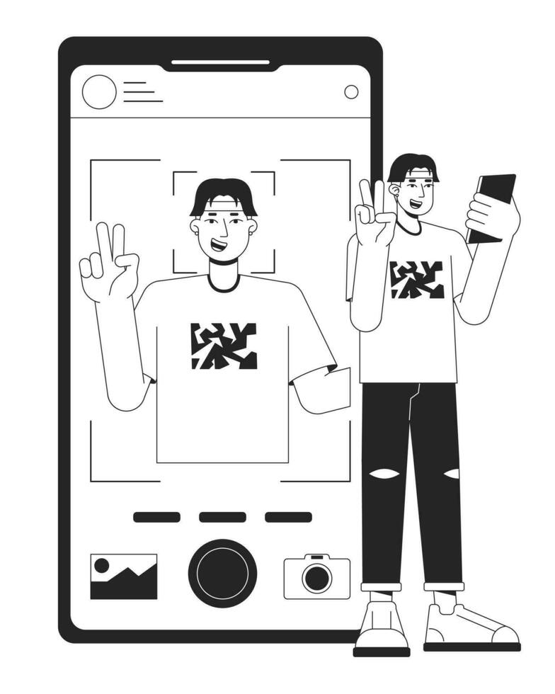 Man taking picture bw concept vector spot illustration. Selfie on front camera. Man doing v sign 2D cartoon flat line monochromatic character for web UI design.editable isolated outline hero image