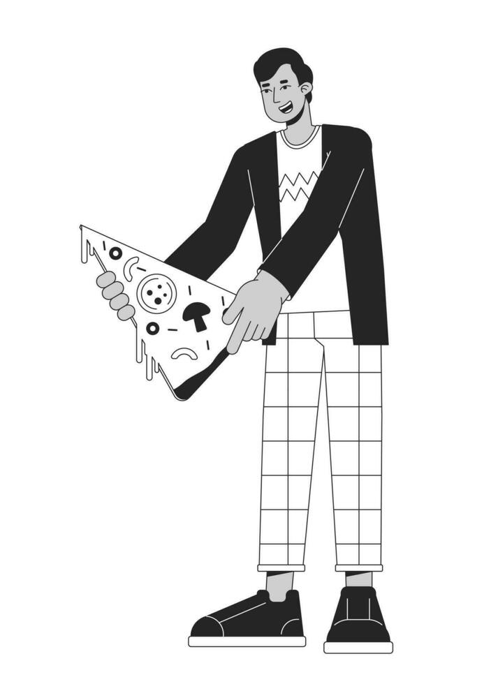 Happy man holding pizza slice flat line black white vector character. Editable outline full body person. Online food ordering simple cartoon isolated spot illustration for web graphic design