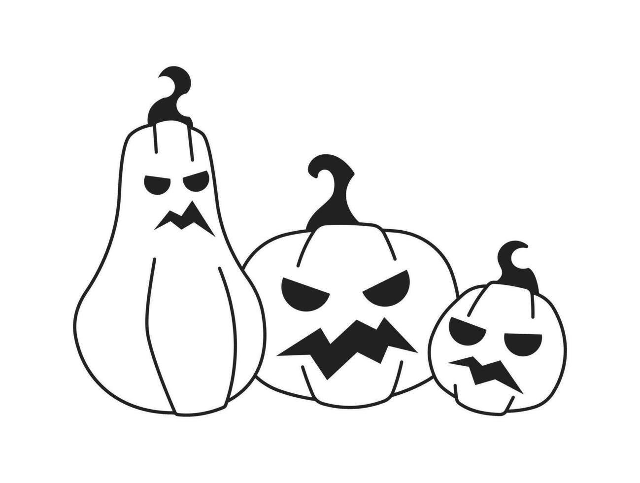 Halloween pumpkins with carved spooky faces monochrome flat vector object. Jack-o-lanterns. Editable black and white thin line icon. Simple cartoon clip art spot illustration for web graphic design