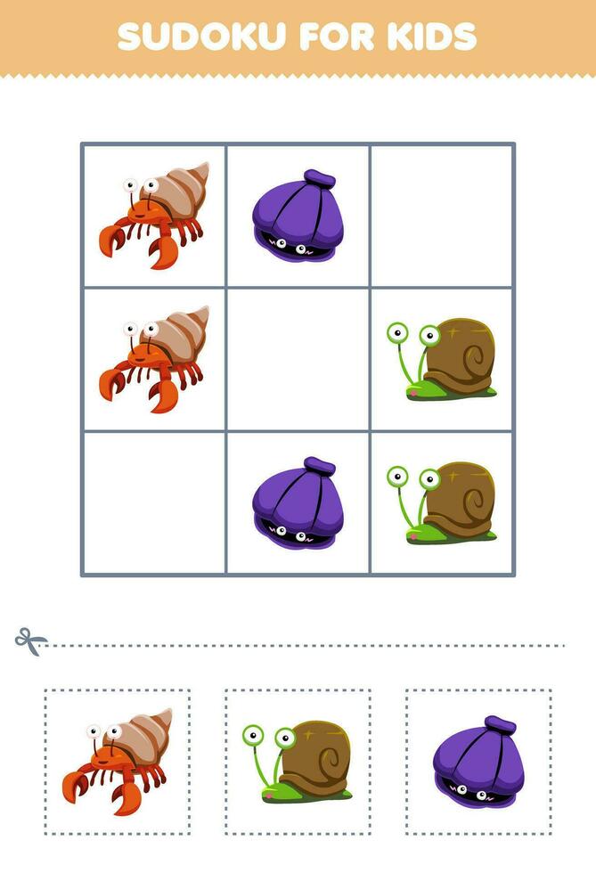 educación juego para niños fácil sudoku para niños con linda dibujos animados ermitaño cangrejo caracol cáscara imprimible animal hoja de cálculo vector