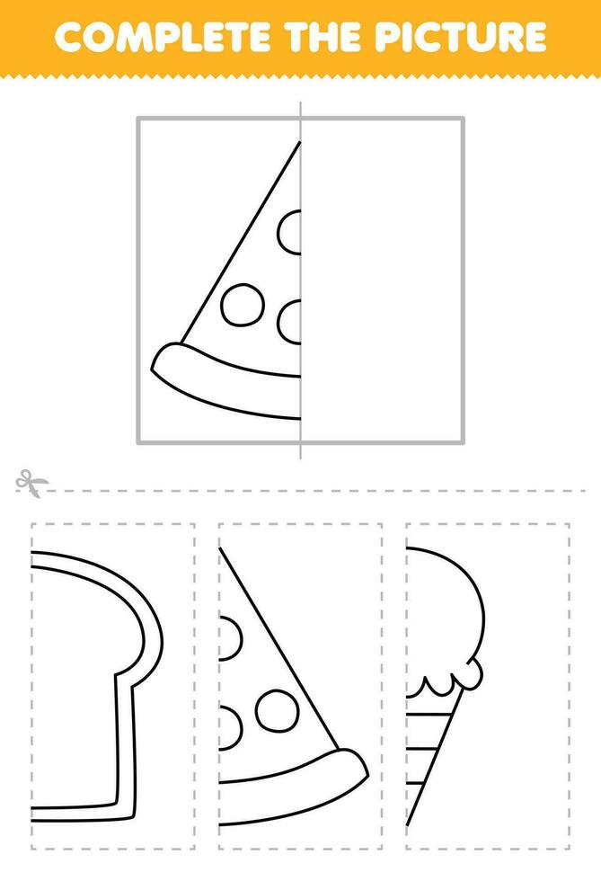 educación juego para niños cortar y completar el imagen de linda dibujos animados Pizza rebanada medio contorno para colorante imprimible comida hoja de cálculo vector