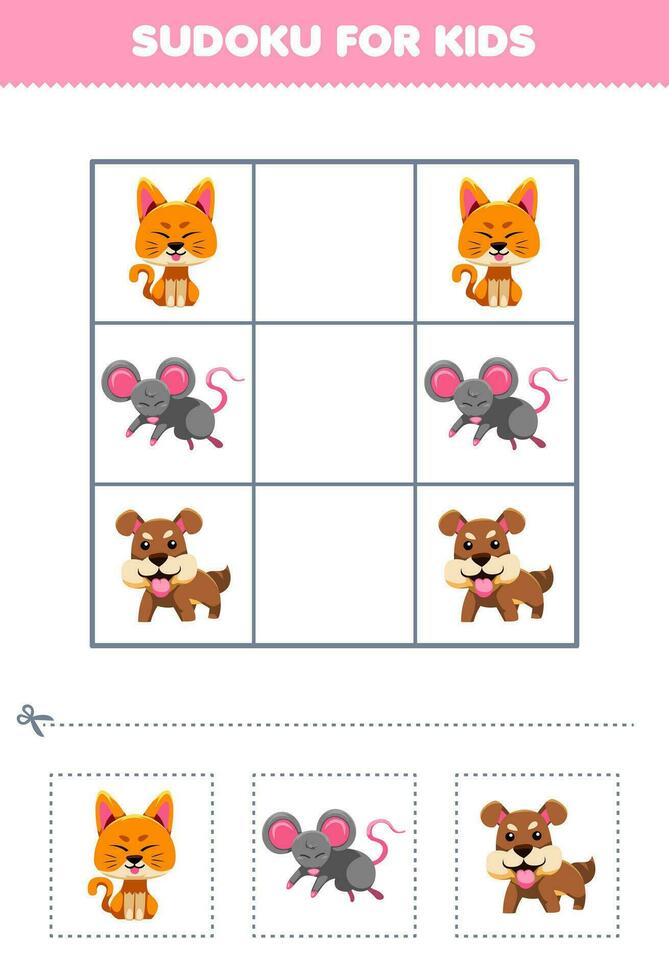 Education game for children easy sudoku for kids with cute cartoon cat mouse dog printable animal worksheet vector