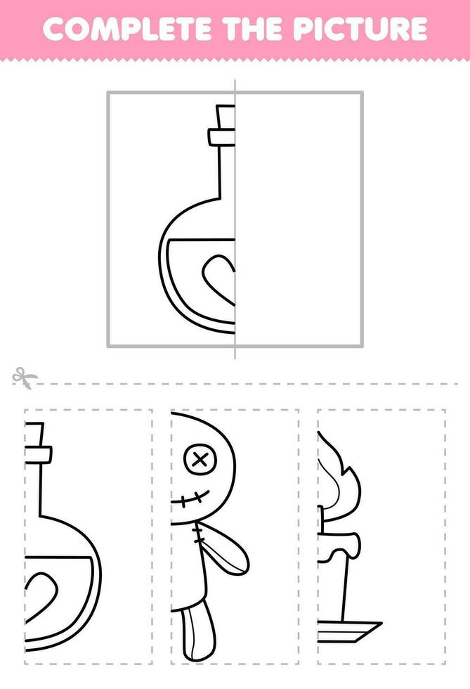 educación juego para niños cortar y completar el imagen de linda dibujos animados poción botella medio contorno para colorante imprimible Víspera de Todos los Santos hoja de cálculo vector