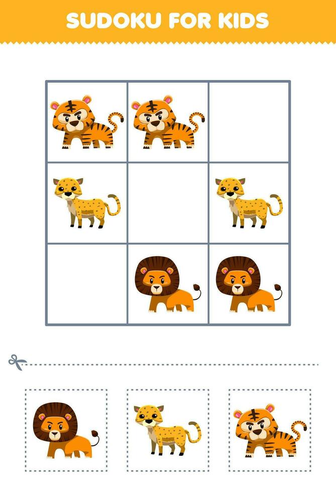 Education game for children easy sudoku for kids with cute cartoon lion cheetah tiger printable animal worksheet vector