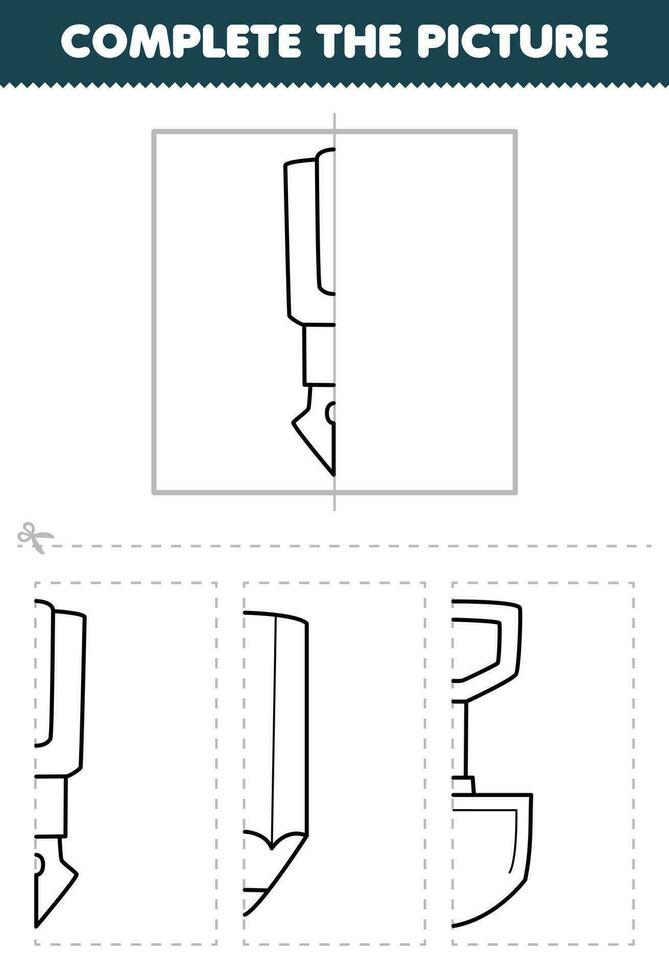 Education game for children cut and complete the picture of cute cartoon pen half outline for coloring printable tool worksheet vector