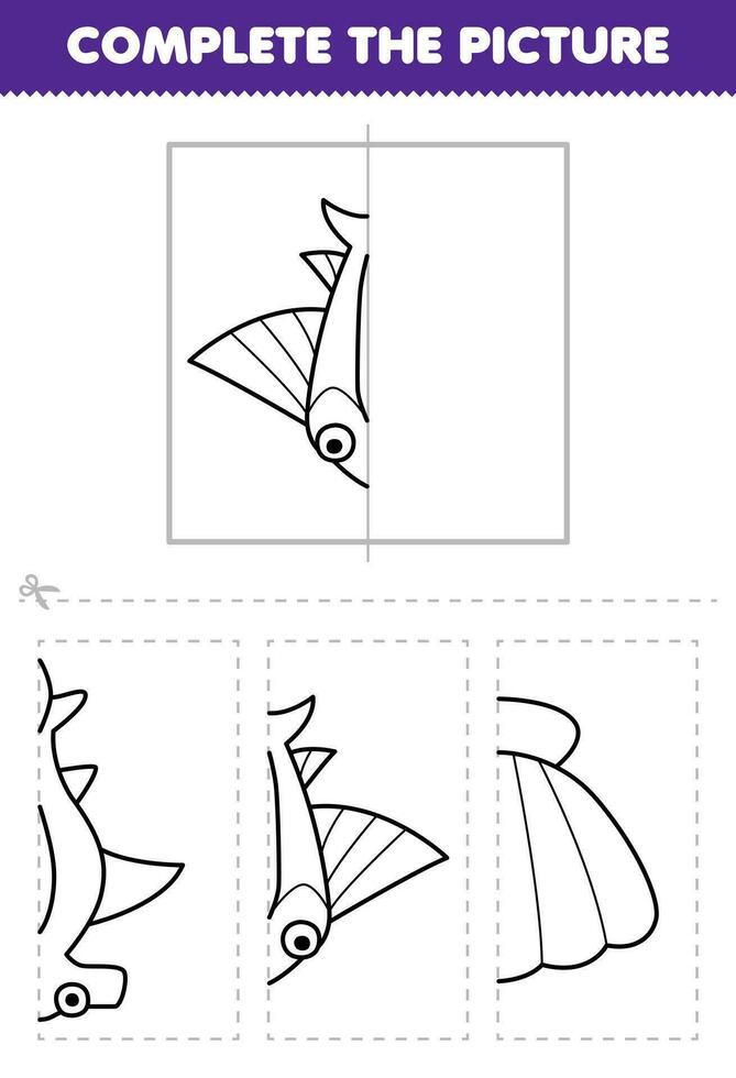 Education game for children cut and complete the picture of cute cartoon flying fish half outline for coloring printable underwater worksheet vector