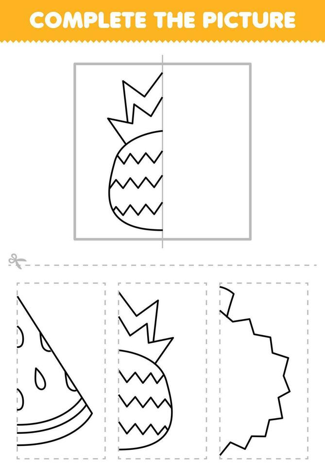 Education game for children cut and complete the picture of cute cartoon pineapple half outline for coloring printable fruit worksheet vector
