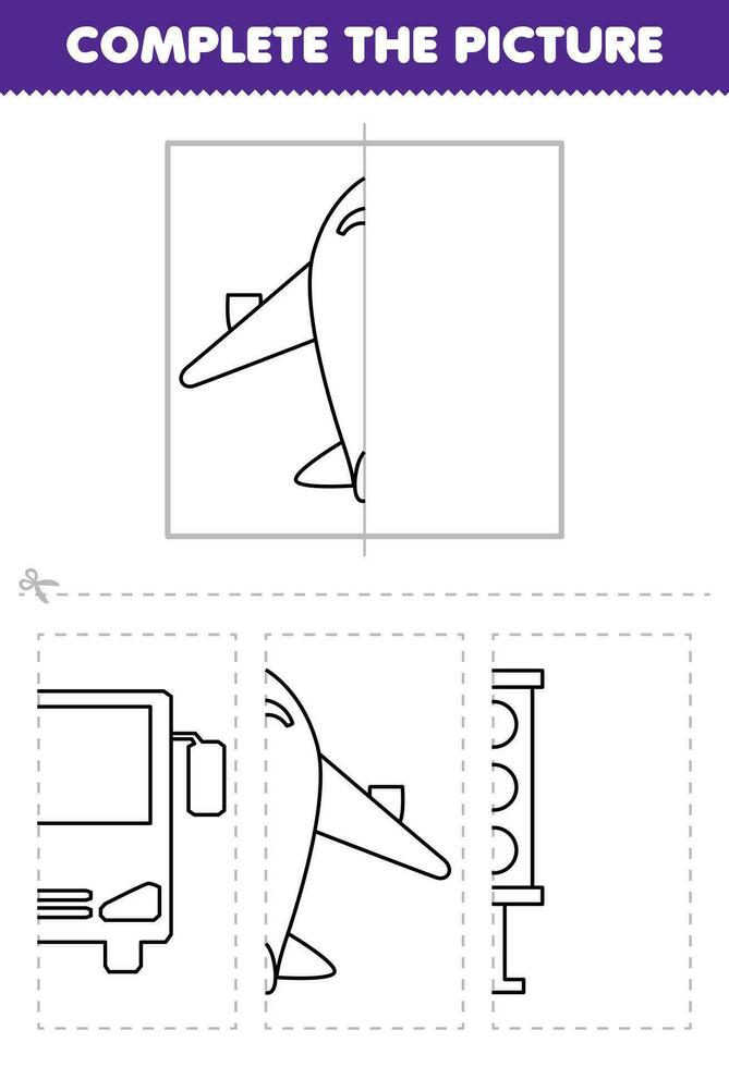 Education game for children cut and complete the picture of cute cartoon airplane half outline for coloring printable transportation worksheet vector