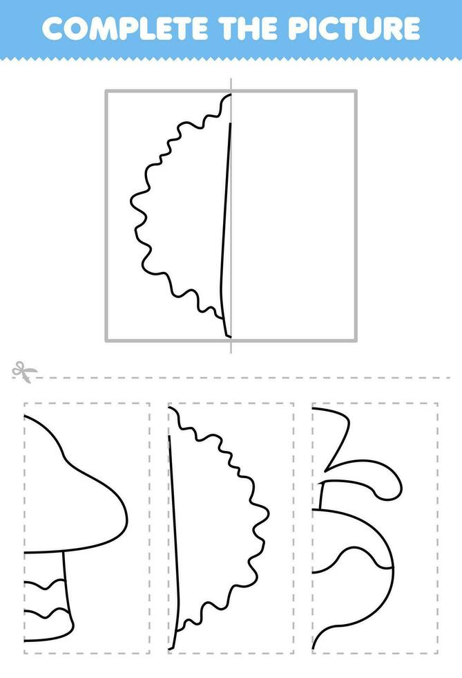 Education game for children cut and complete the picture of cute cartoon kale half outline for coloring printable vegetable worksheet vector