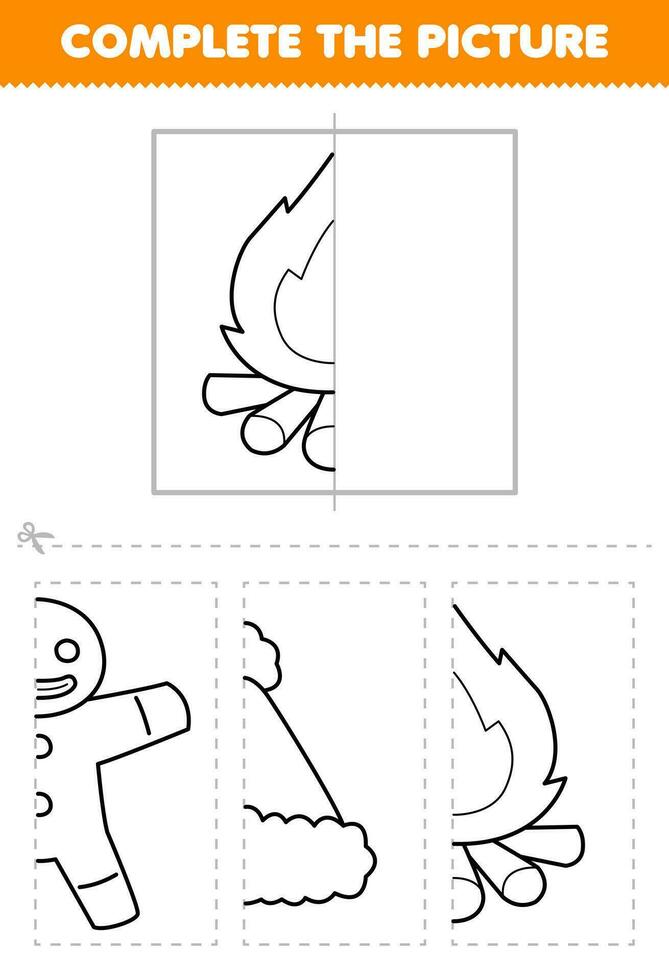 Education game for children cut and complete the picture of cute cartoon bonfire half outline for coloring printable winter worksheet vector