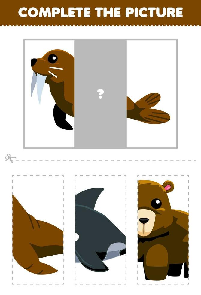 Education game for children cut and complete the correct picture of cute cartoon walrus printable underwater worksheet vector
