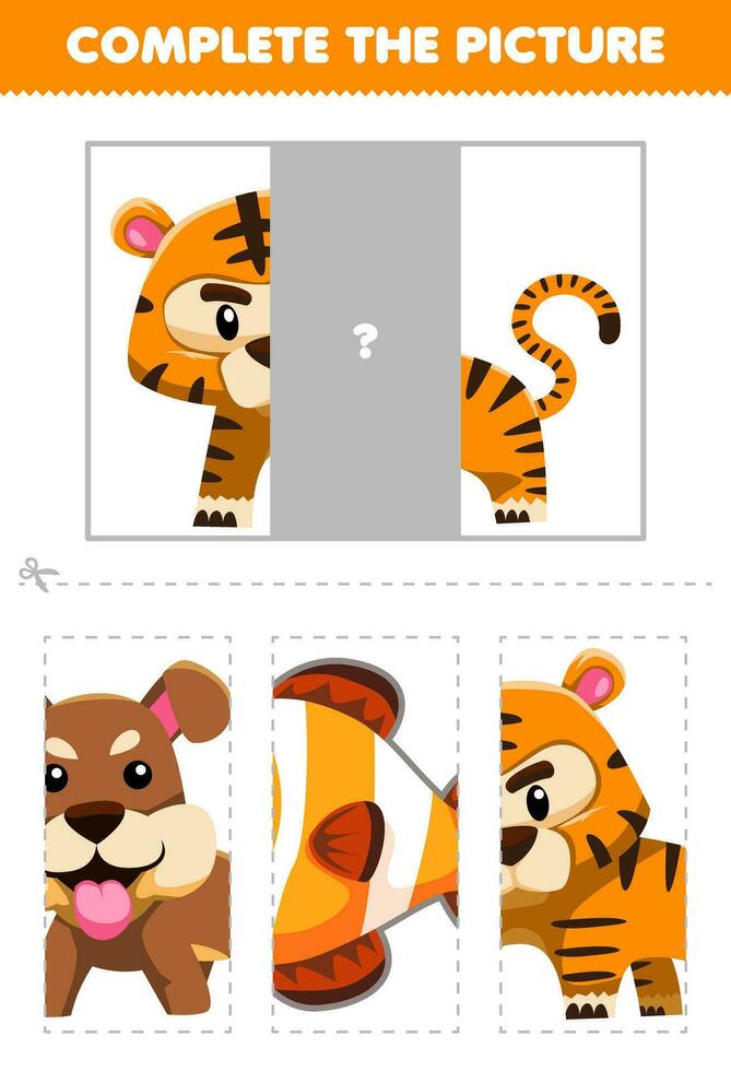 Education game for children cut and complete the correct picture of cute cartoon tiger printable animal worksheet vector