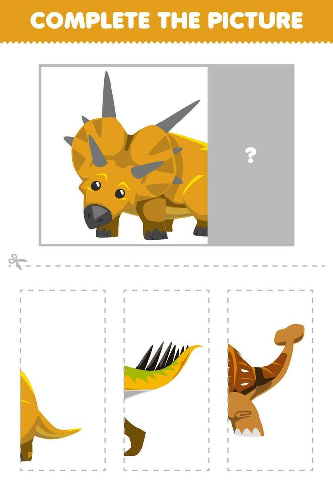 Education game for children cut and complete the correct picture of cute cartoon xenoceratops printable prehistoric dinosaur worksheet vector