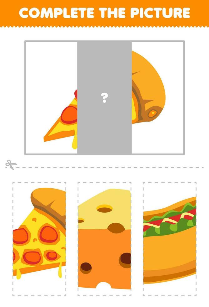 educación juego para niños cortar y completar el correcto imagen de linda dibujos animados Pizza imprimible comida hoja de cálculo vector