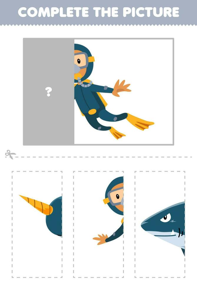 Education game for children cut and complete the correct picture of cute cartoon diver printable underwater worksheet vector