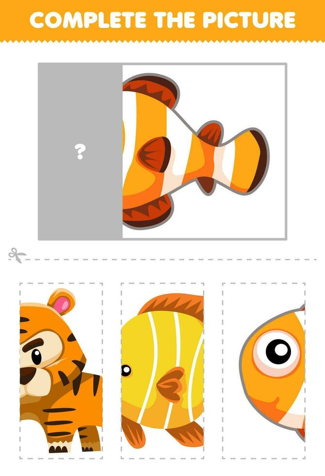 Education game for children cut and complete the correct picture of cute cartoon fish printable animal worksheet vector