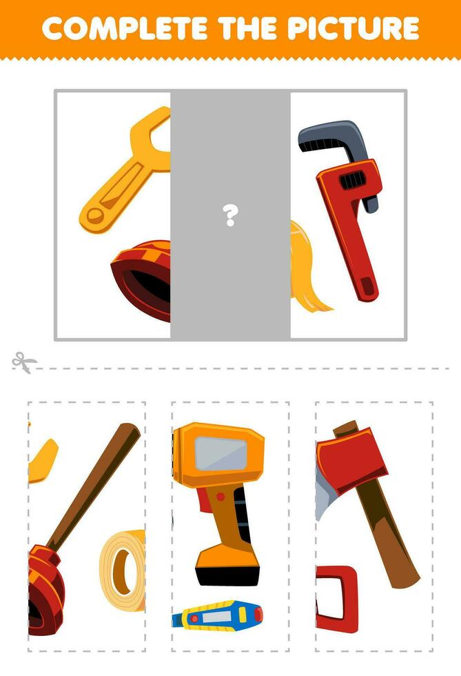 Education game for children cut and complete the correct picture of cute cartoon wrench toilet vacuum printable tool worksheet vector