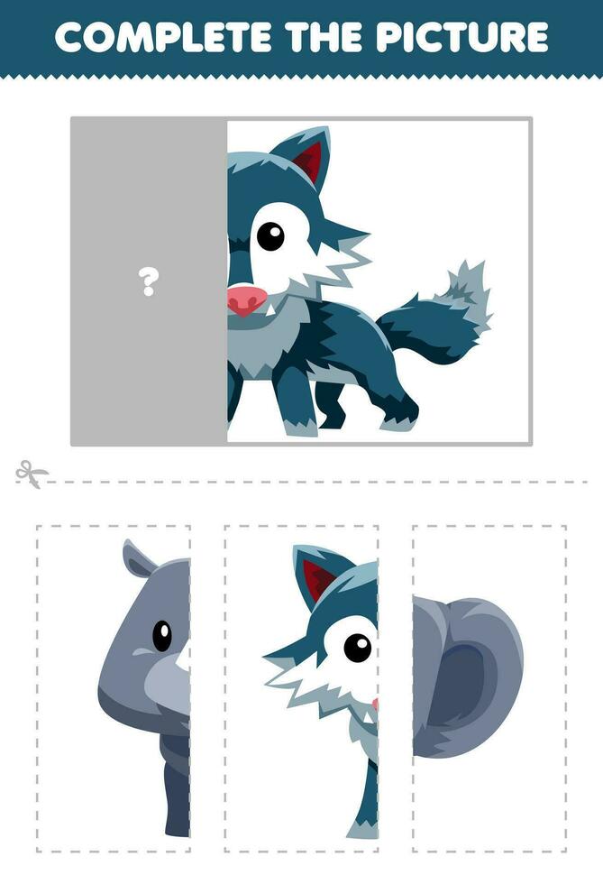 Education game for children cut and complete the correct picture of cute cartoon wolf printable animal worksheet vector