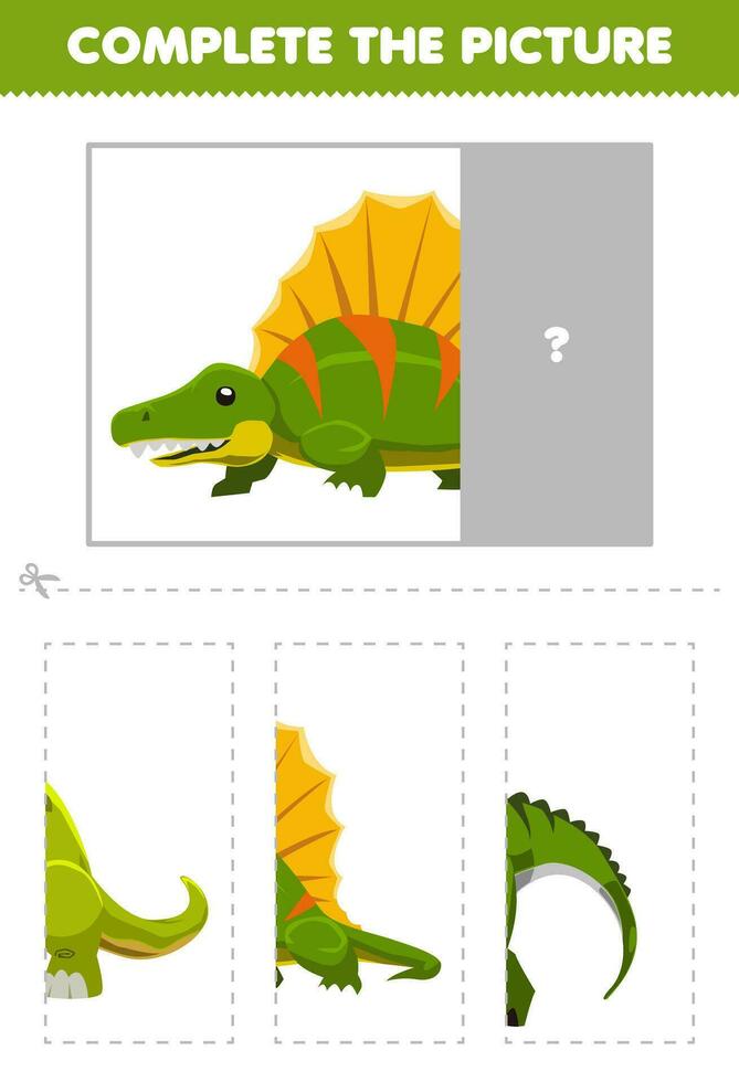 Education game for children cut and complete the correct picture of cute cartoon dimetrodon printable prehistoric dinosaur worksheet vector