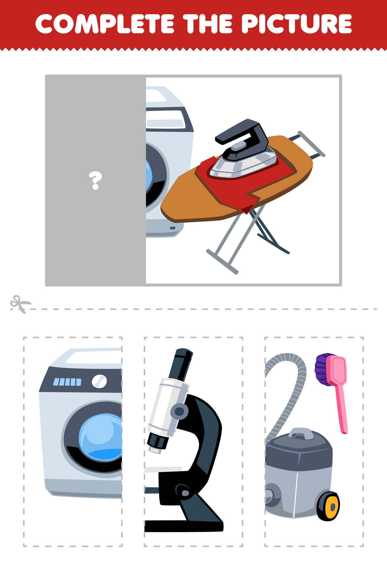 Education game for children cut and complete the correct picture of cute cartoon washing machine