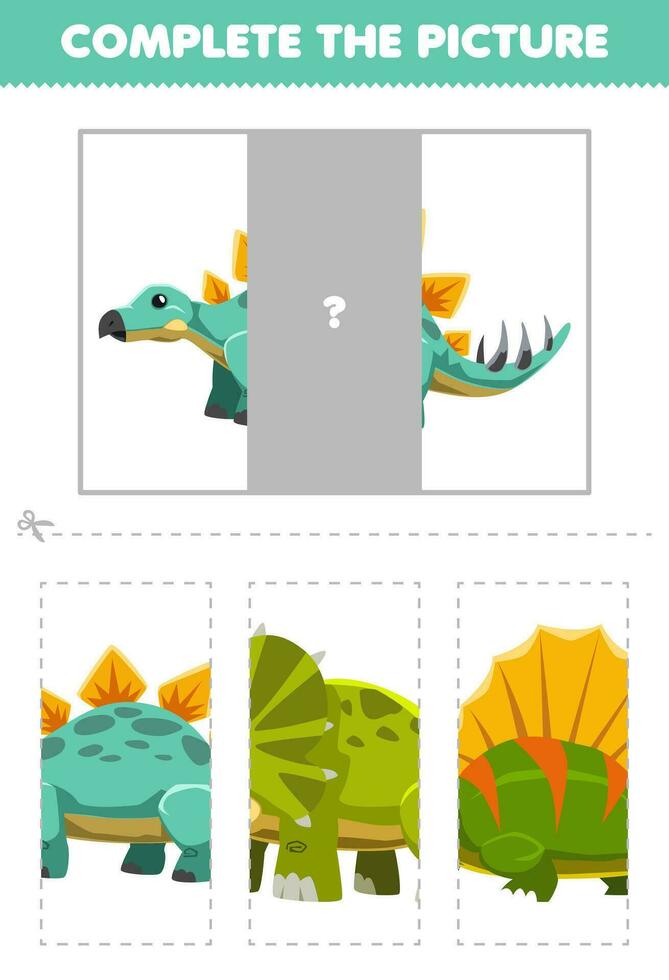 Education game for children cut and complete the correct picture of cute cartoon stegosaurus printable prehistoric dinosaur worksheet vector