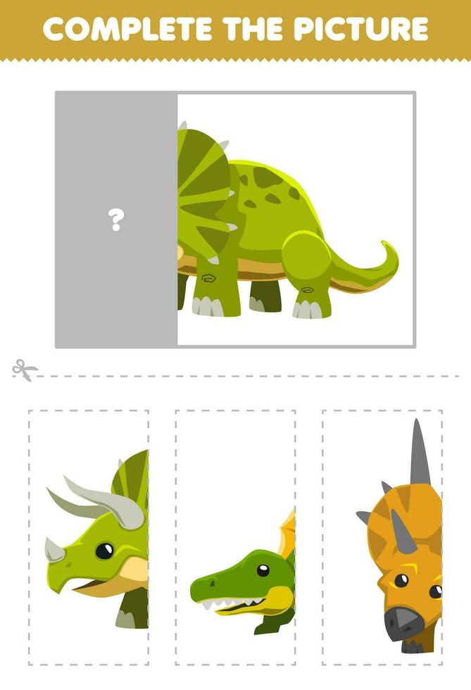 Education game for children cut and complete the correct picture of cute cartoon triceratops printable prehistoric dinosaur worksheet vector