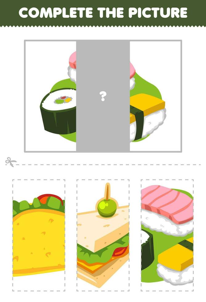Education game for children cut and complete the correct picture of cute cartoon sushi printable japanese food worksheet vector