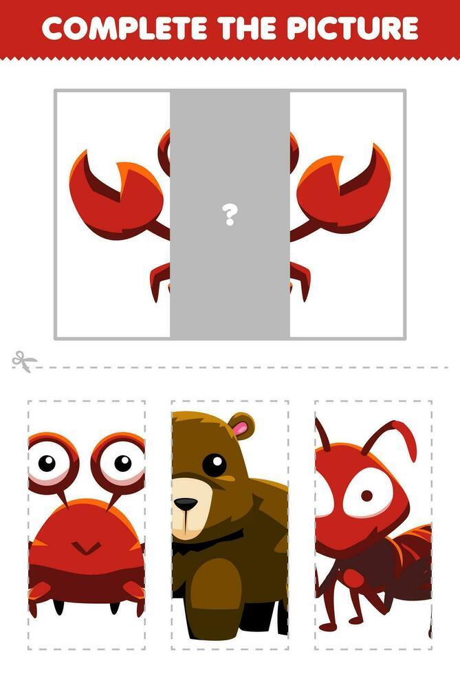 Education game for children cut and complete the correct picture of cute cartoon crab printable animal worksheet vector