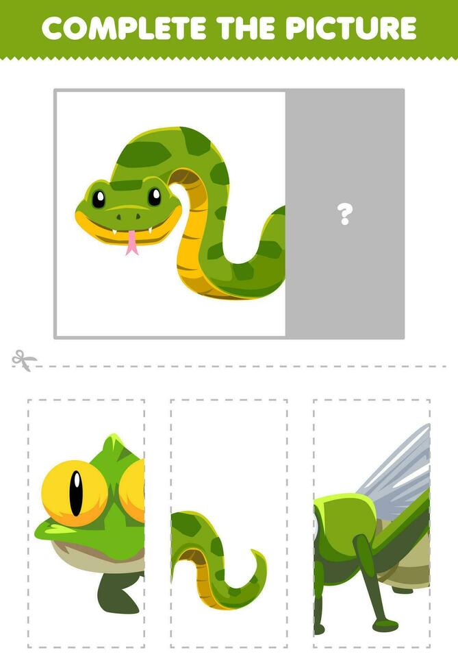Education game for children cut and complete the correct picture of cute cartoon snake printable animal worksheet vector