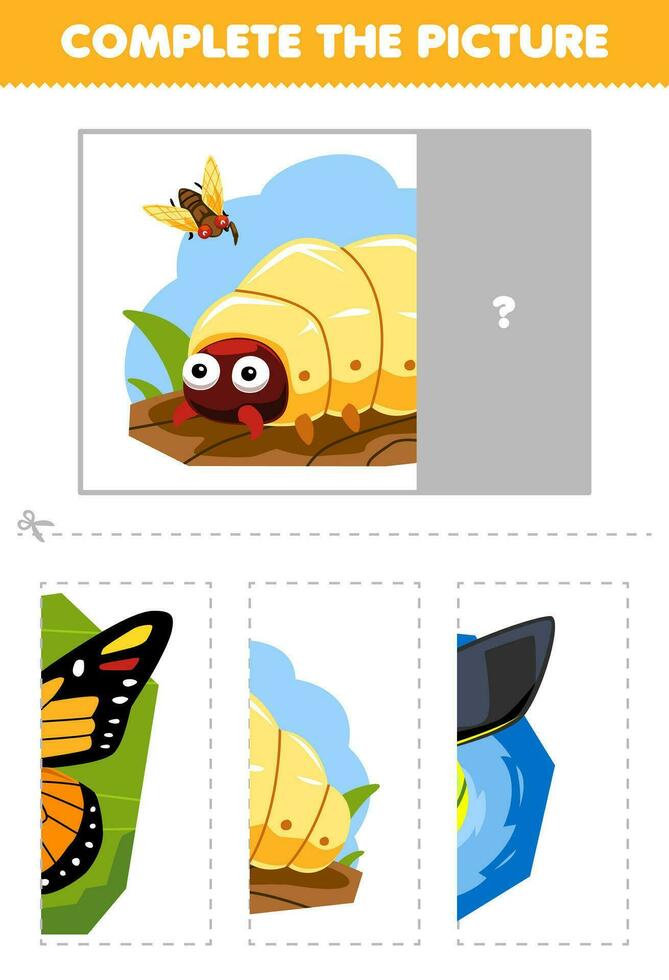 educación juego para niños cortar y completar el correcto imagen de linda dibujos animados gusano imprimible error hoja de cálculo vector