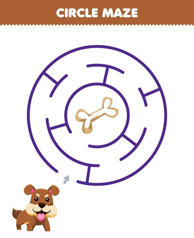 Education game for children circle maze draw line help dog move to the bone printable animal worksheet vector