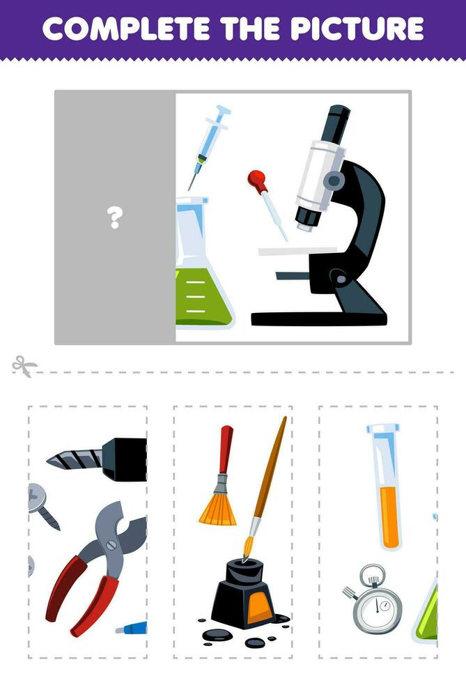 educación juego para niños cortar y completar el correcto imagen de linda dibujos animados matraz prueba tubo microscopio imprimible herramienta hoja de cálculo vector