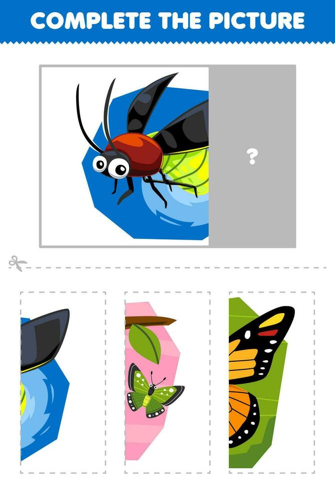 Education game for children cut and complete the correct picture of cute cartoon firefly printable bug worksheet vector