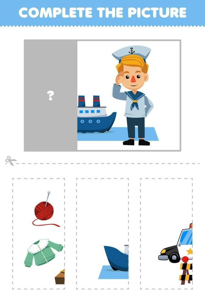 Education game for children cut and complete the correct picture of cute cartoon sailor printable profession worksheet vector