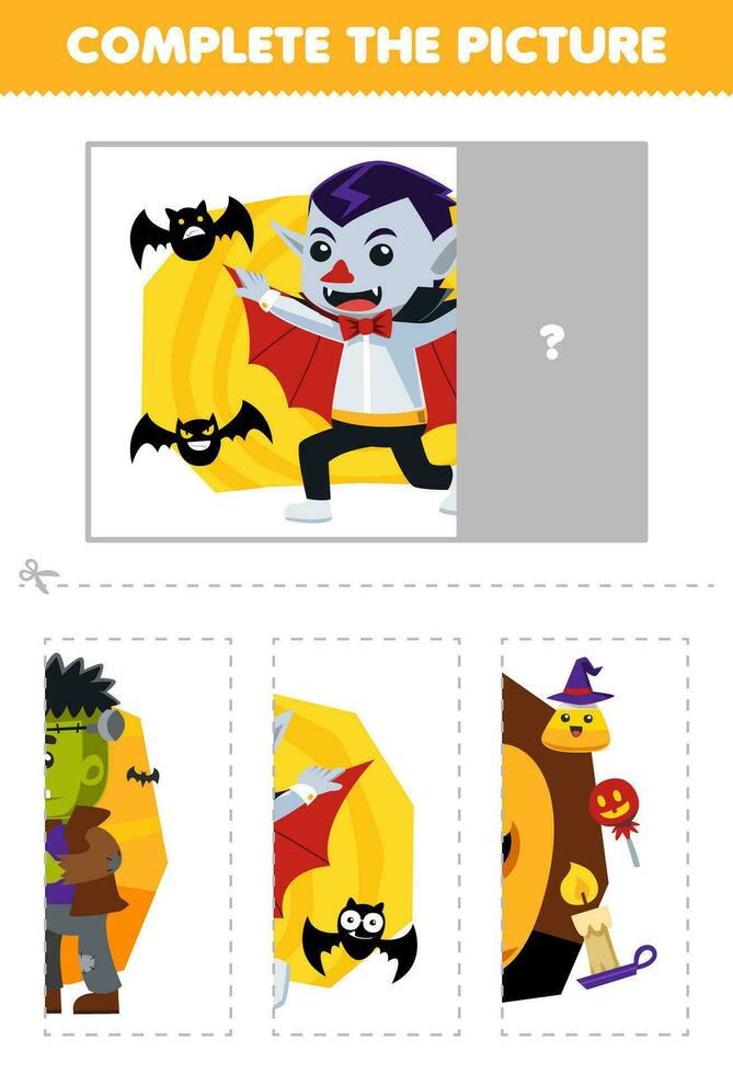 Education game for children cut and complete the correct picture of cute cartoon dracula printable halloween worksheet vector