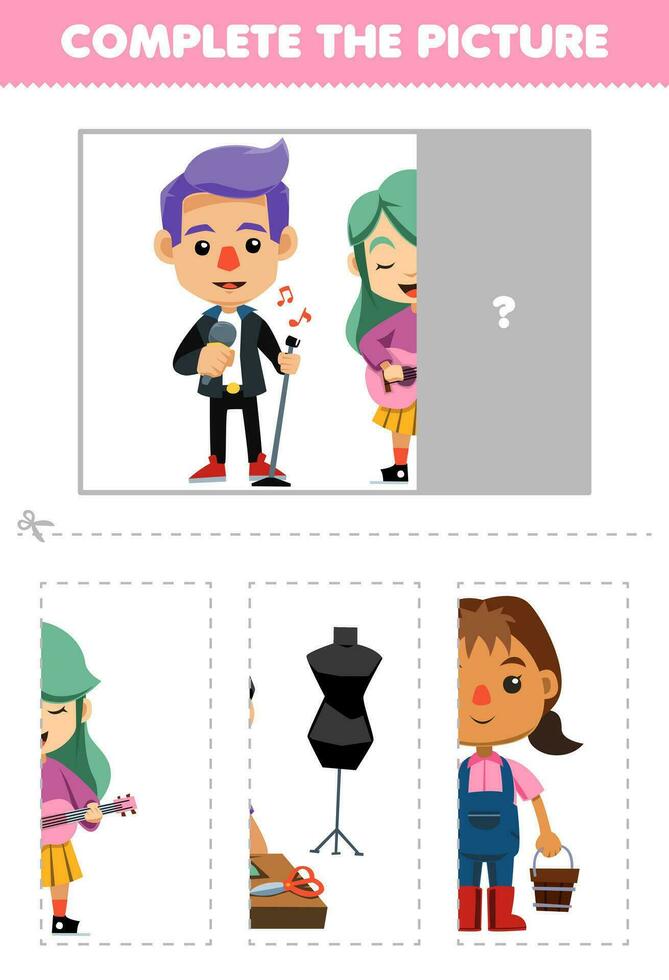 Education game for children cut and complete the correct picture of cute cartoon musician printable profession worksheet vector