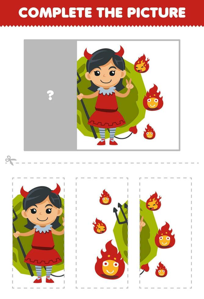 educación juego para niños cortar y completar el correcto imagen de linda dibujos animados diablo niña imprimible Víspera de Todos los Santos hoja de cálculo vector