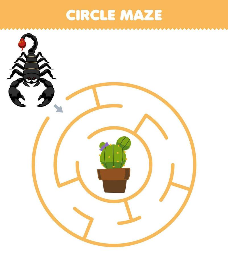 Education game for children circle maze draw line help cute cartoon scorpion move to the cactus printable bug worksheet vector