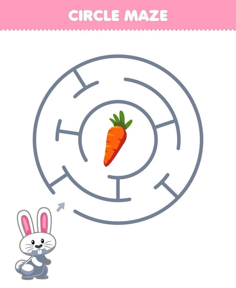 Education game for children circle maze draw line help rabbit move to the carrot printable animal worksheet vector