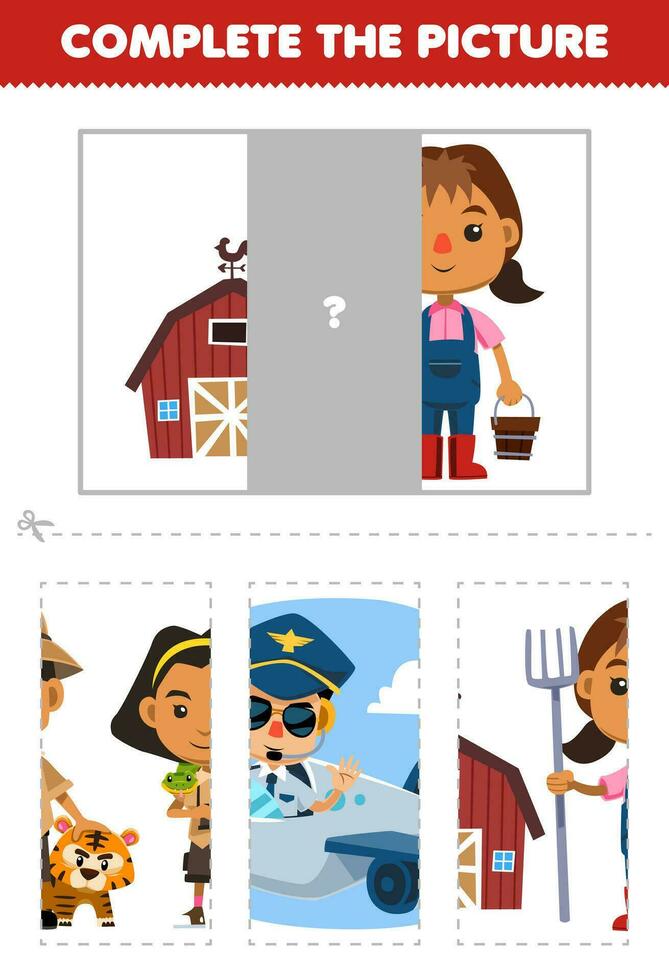 Education game for children cut and complete the correct picture of cute cartoon farmer girl printable profession worksheet vector