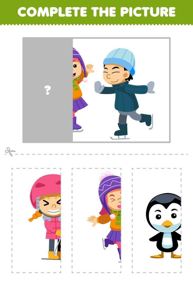 educación juego para niños cortar y completar el correcto imagen de linda dibujos animados chico y niña jugando hielo Patinaje imprimible invierno hoja de cálculo vector