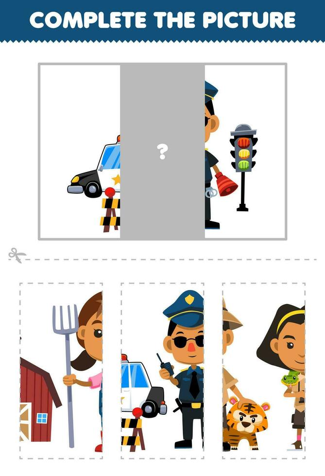 Education game for children cut and complete the correct picture of cute cartoon policeman printable profession worksheet vector