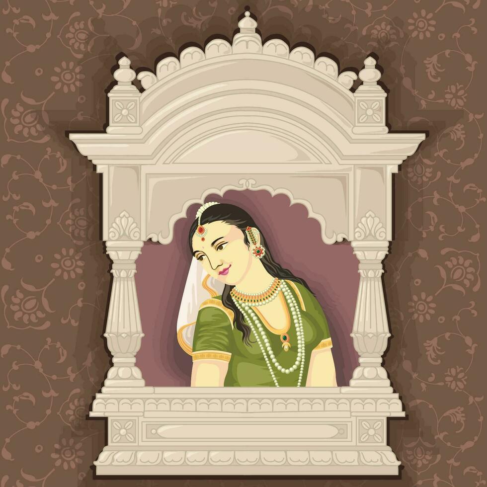 Indian Bride Queen Portrait in miniature Painting Style inside arch frame vector