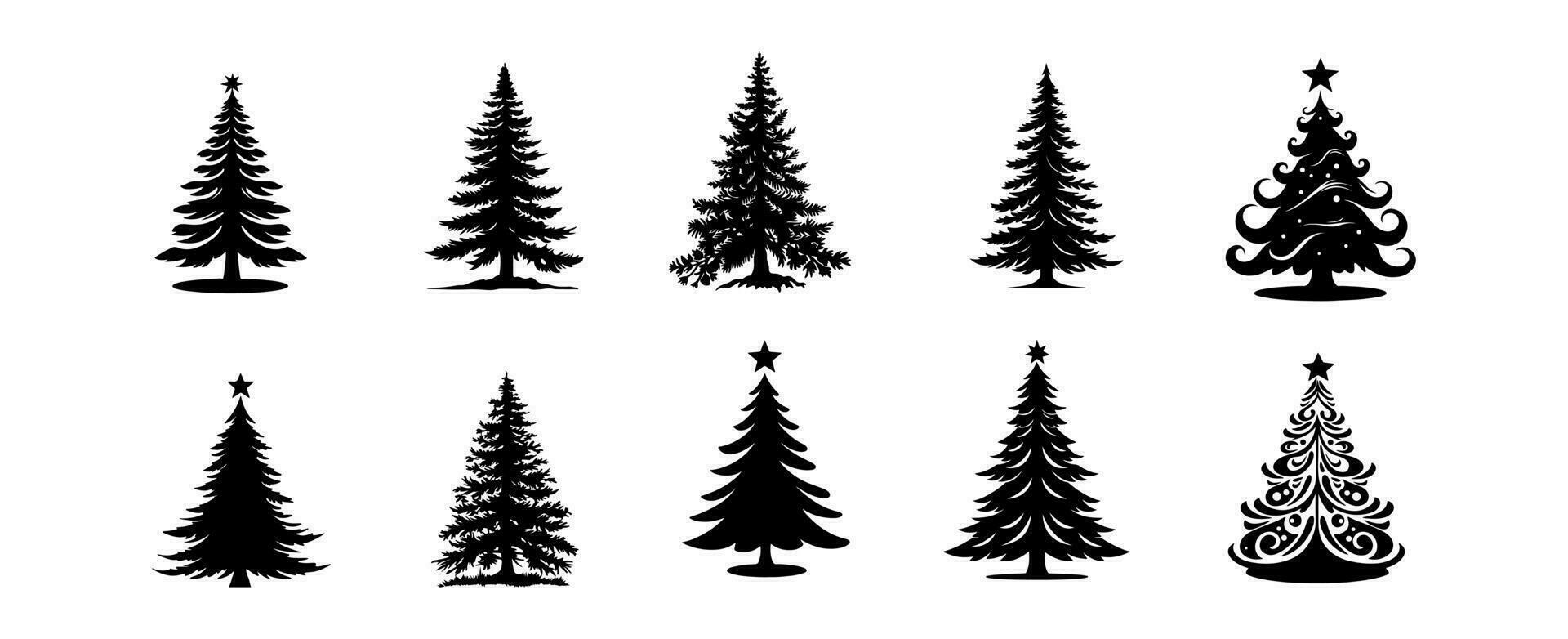 Set of Christmas pine tree silhouette isolated on white background. Forest tree vector illustration