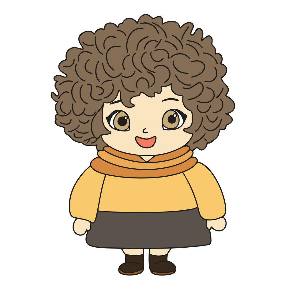 Cute little curly girl in doodle style. Doodle doll toy. Vector illustration.