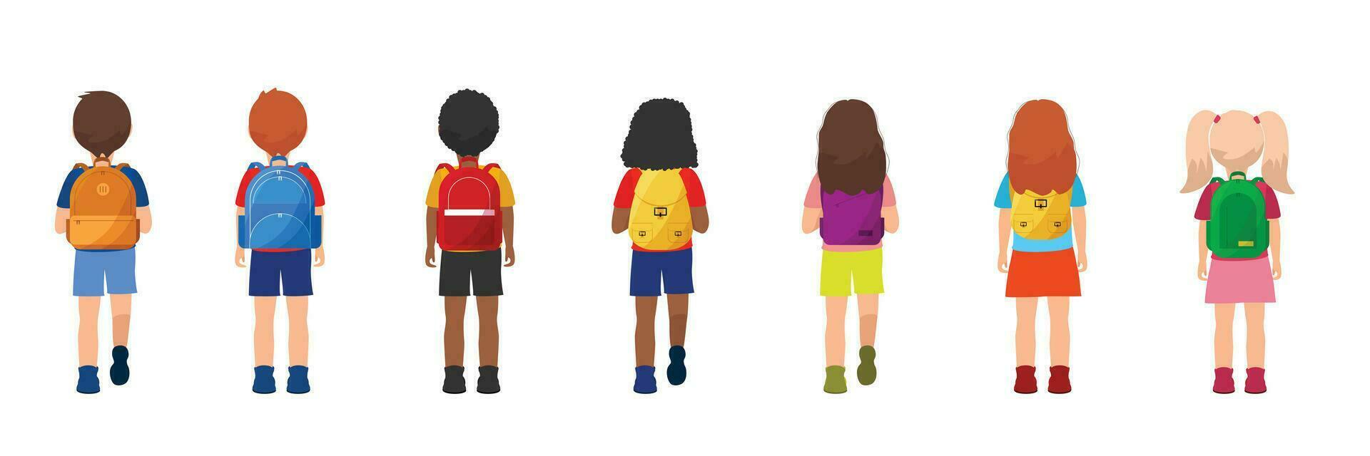 Big set of back view children going to school with backpack. Vector illustration.