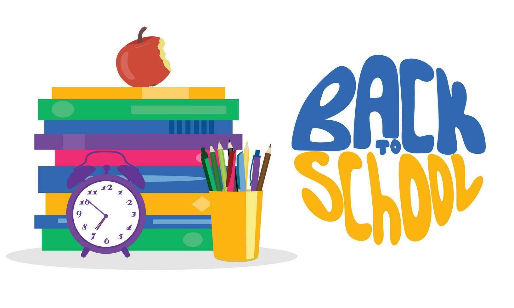 Back to school banner. School study concept book, apple, alarm clock, pencil and pen vector