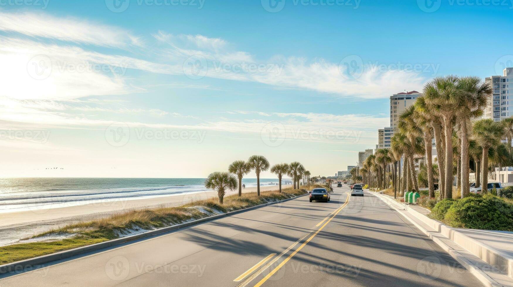 Illustration image of empty asphalt road beside the sea background, highway beside the sea, outdoors horizontal image, Generative AI illustration photo