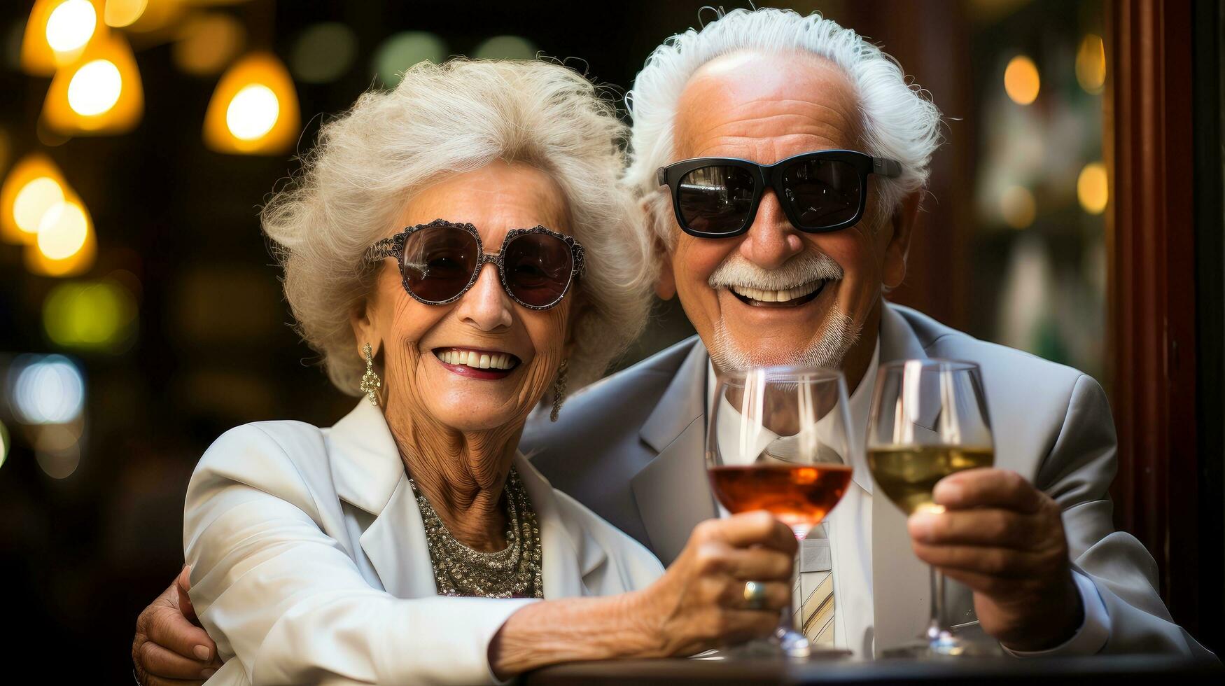 Dreamy middle aged senior loving retired family couple, enjoying peaceful moment relaxing together, with blurred background, Generative AI illustration photo